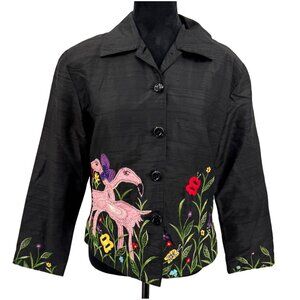 Vtg Tunique Nights Silk Jacket Women S Embroidered Black Flamingo Novelty Button